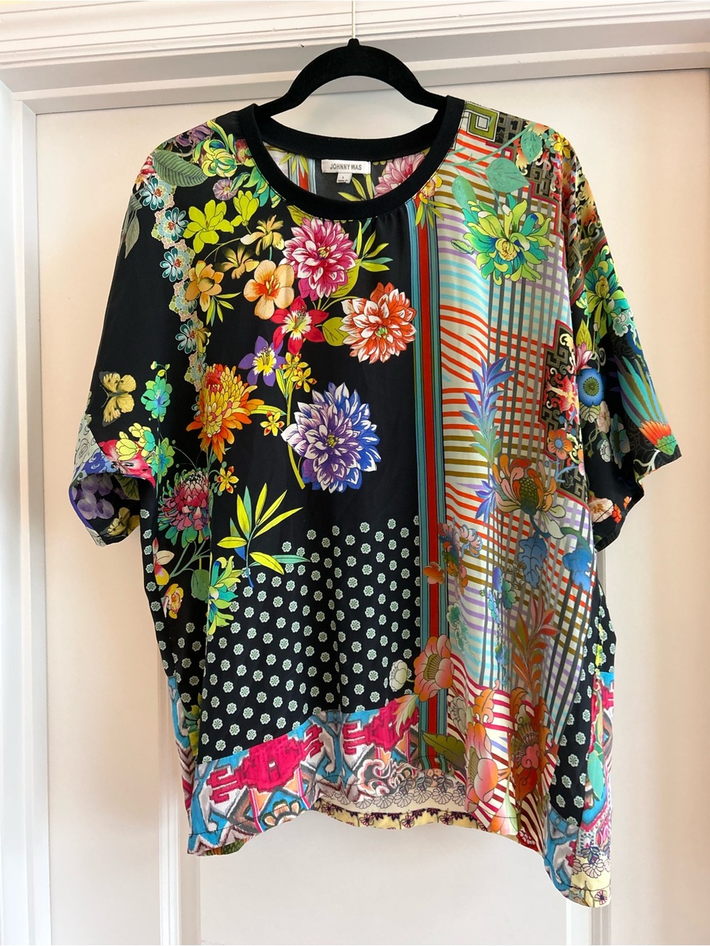 Johnny Was Silk Blouse Mixed Print Floral asymmetrical Boho Tunic Size L